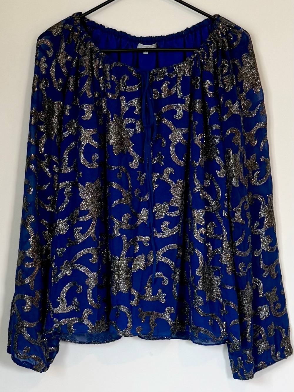 Dallin Chase Blue Long-Sleeve Blouse with Metallic Scroll Detail - Size: Small